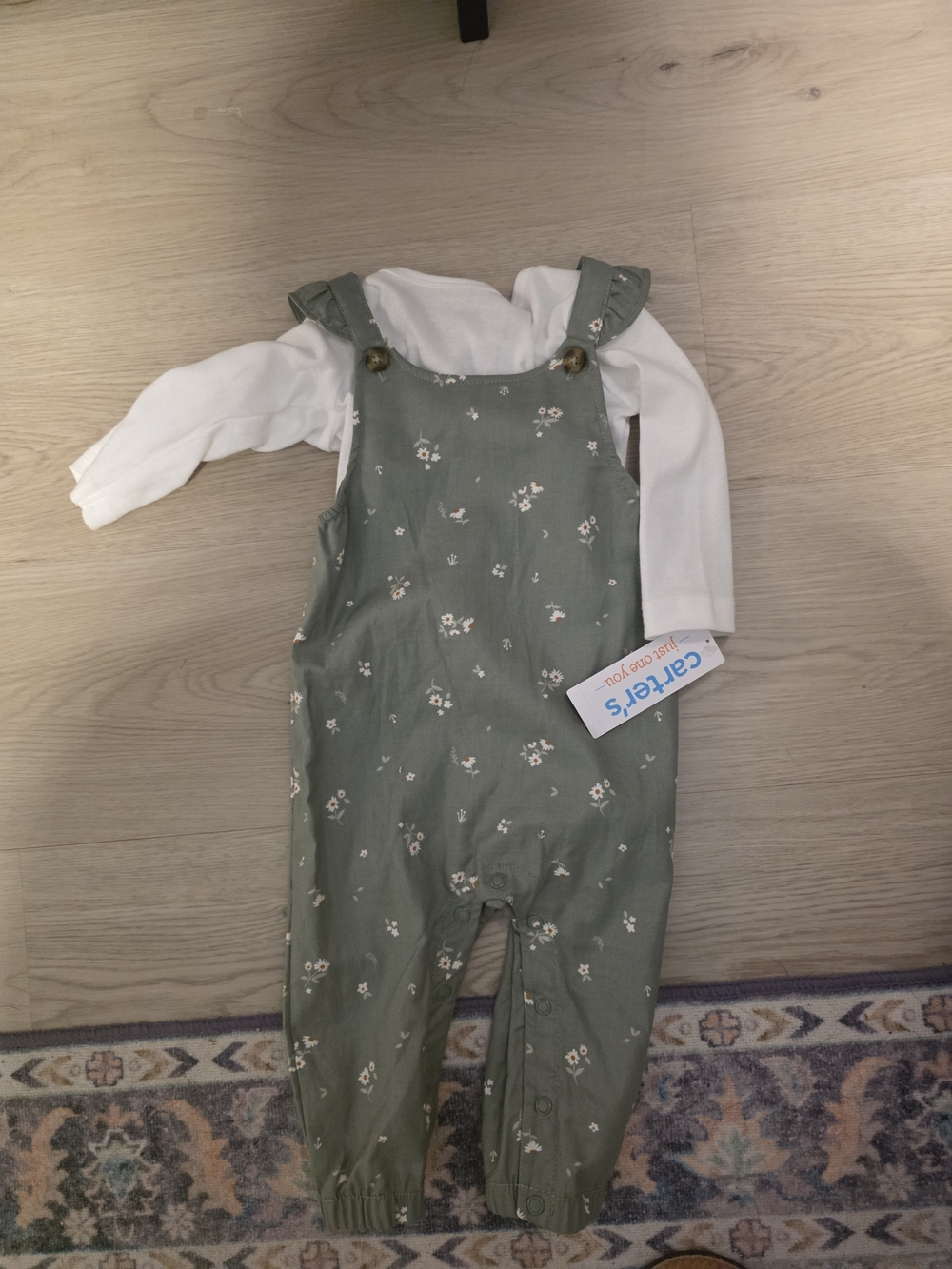 Carter's Sage Green Floral Ruffle Strap Overalls with White Top